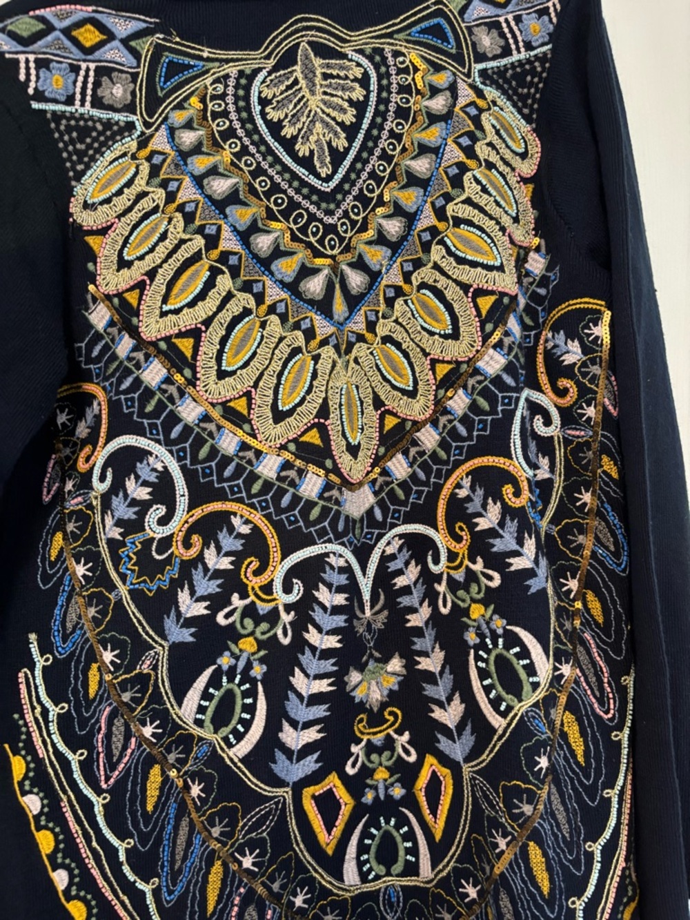 Soft Surroundings Navy Embroidered Long Duster Cardigan Sweater Size M Boho - Picture 6 of 11